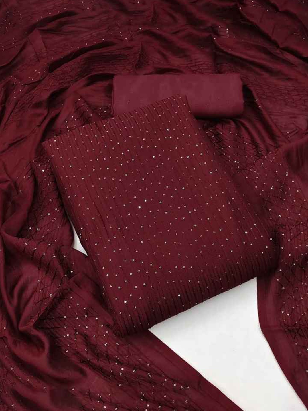 

faxofab Geometric Embroidered Sequined Silk Georgette Unstitched Dress Material, Maroon
