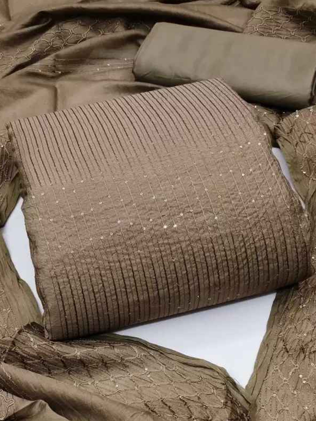 

faxofab Striped Sequinned Woven Design Unstitched Dress Material, Beige