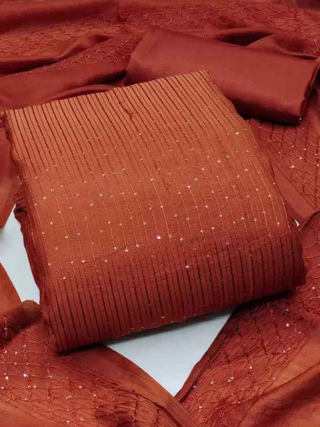 

faxofab Striped Sequinned Woven Design Unstitched Dress Material, Orange