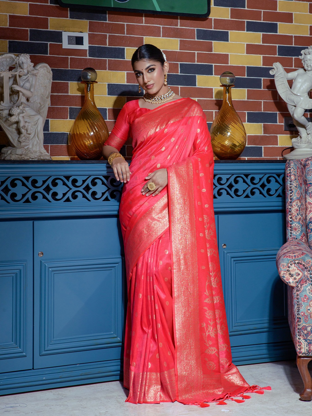 

Anouk Ethnic Motifs Woven Design Zari Pure Silk Saree, Peach