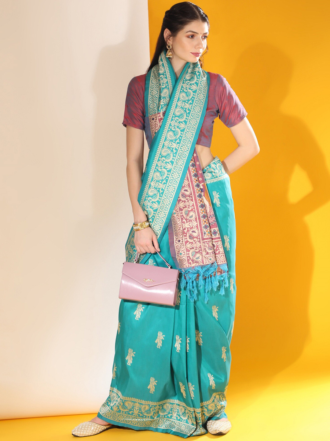 

Anouk Ethnic Motifs Woven Design Zari Saree, Teal