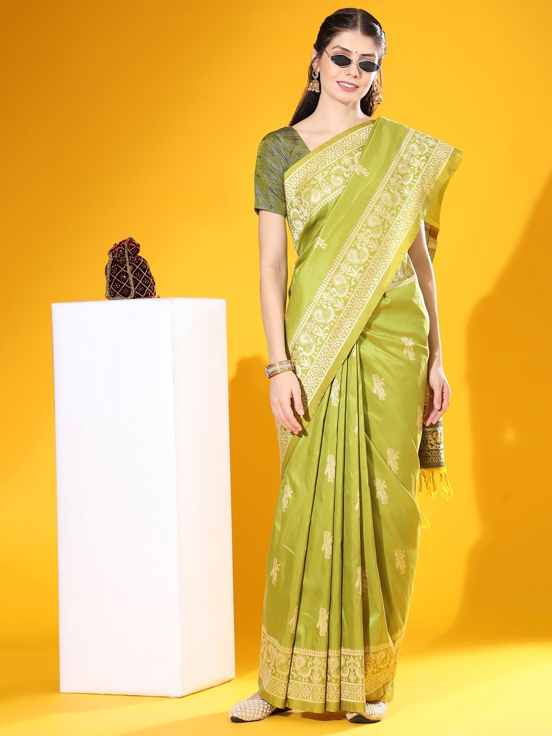 

Anouk Ethnic Motifs Woven Design Zari Saree, Green