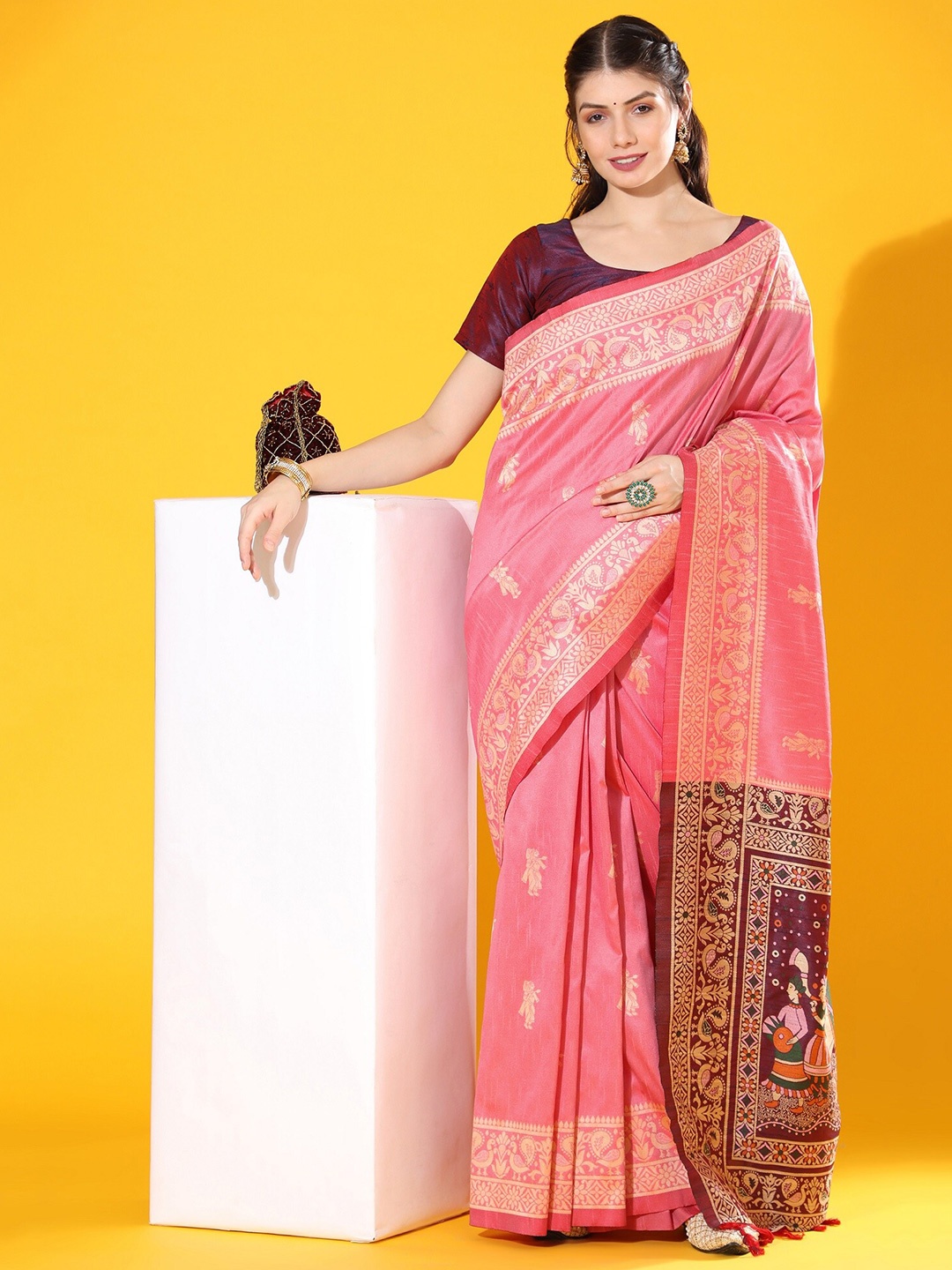 

Anouk Ethnic Motifs Woven Design Zari Saree, Pink