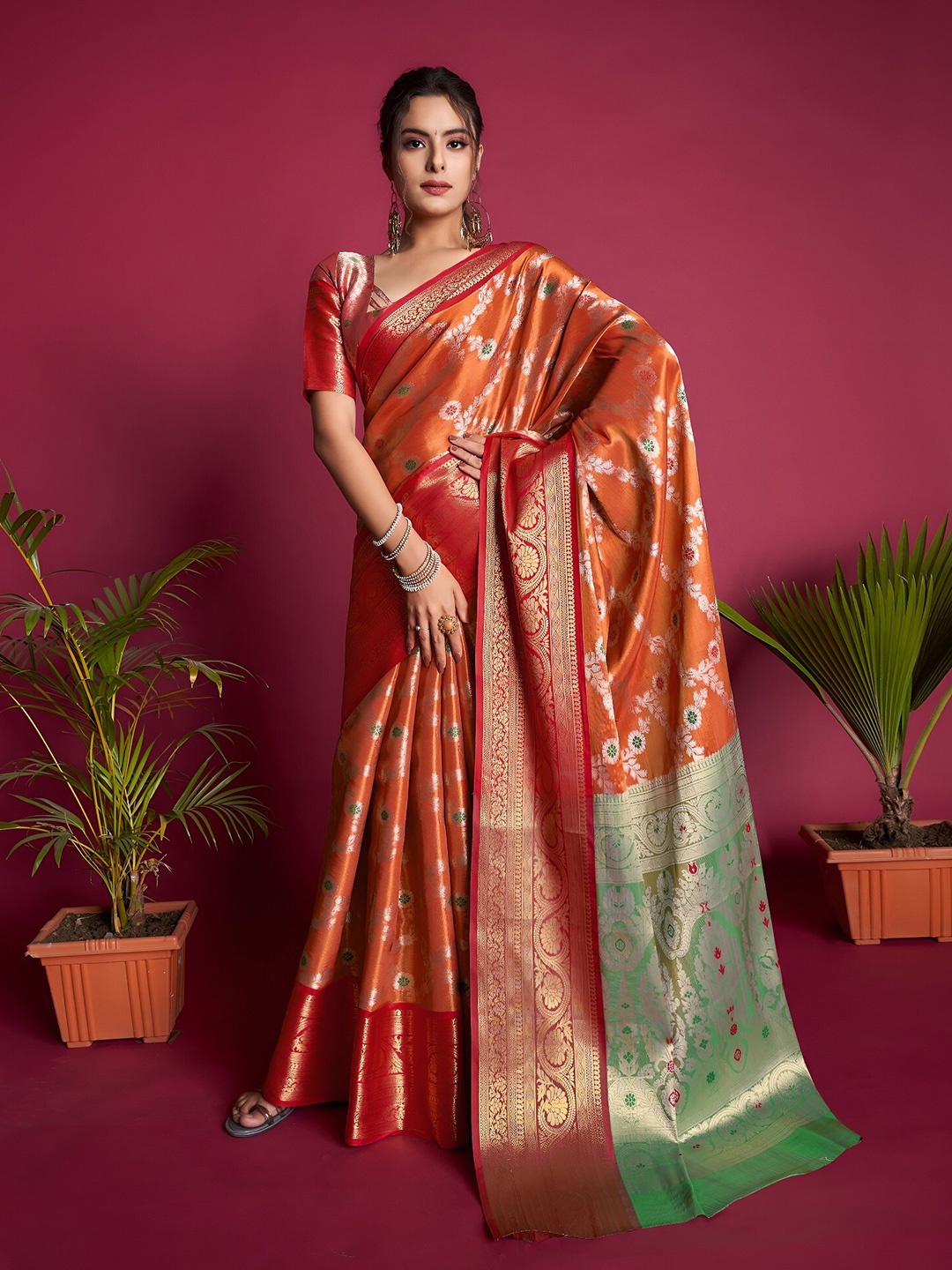 

Anouk Floral Woven Design Zari Pure Silk Saree, Rust