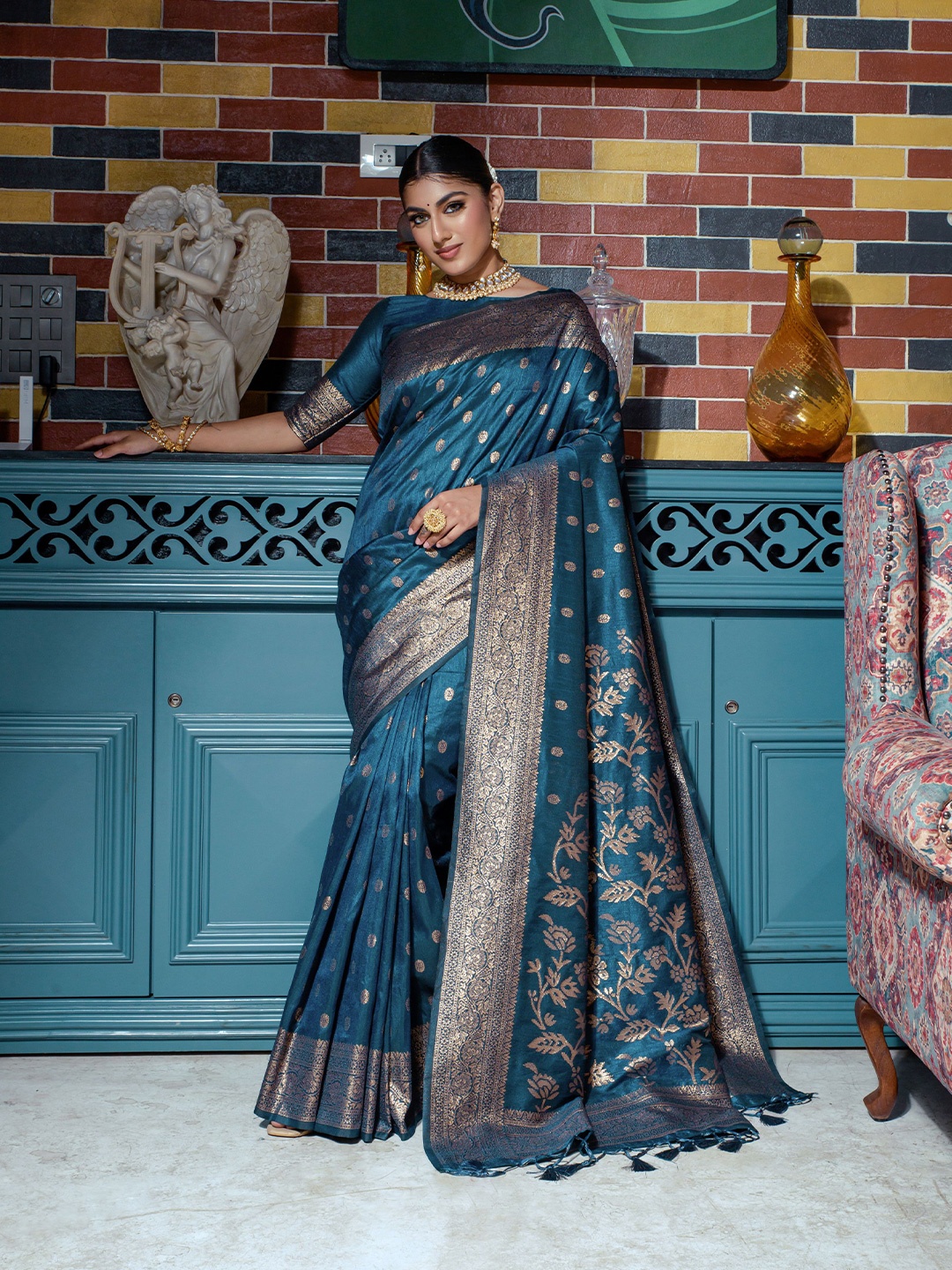 

Anouk Ethnic Motifs Woven Design Zari Pure Silk Saree, Teal