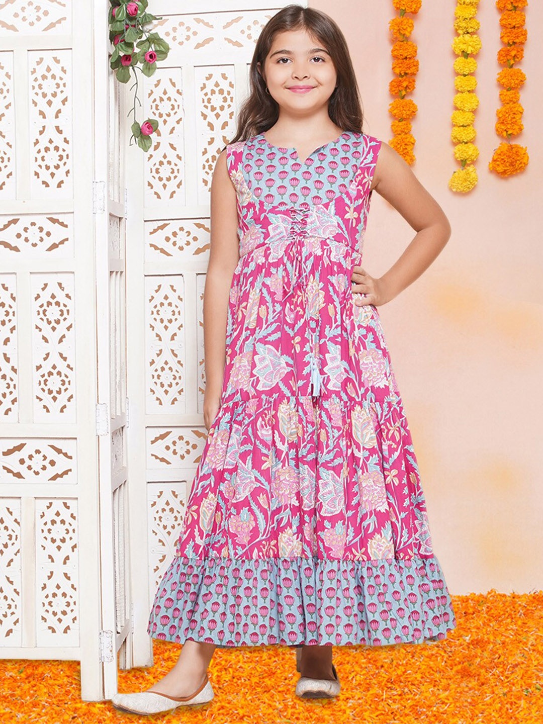 

Bitiya by Bhama Girls Ethnic Motifs Print Fit & Flare Maxi Dress, Pink