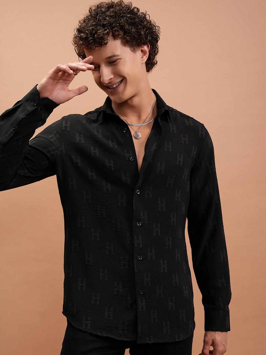 

Highlander Men Jrd Textured Party Shirt, Black