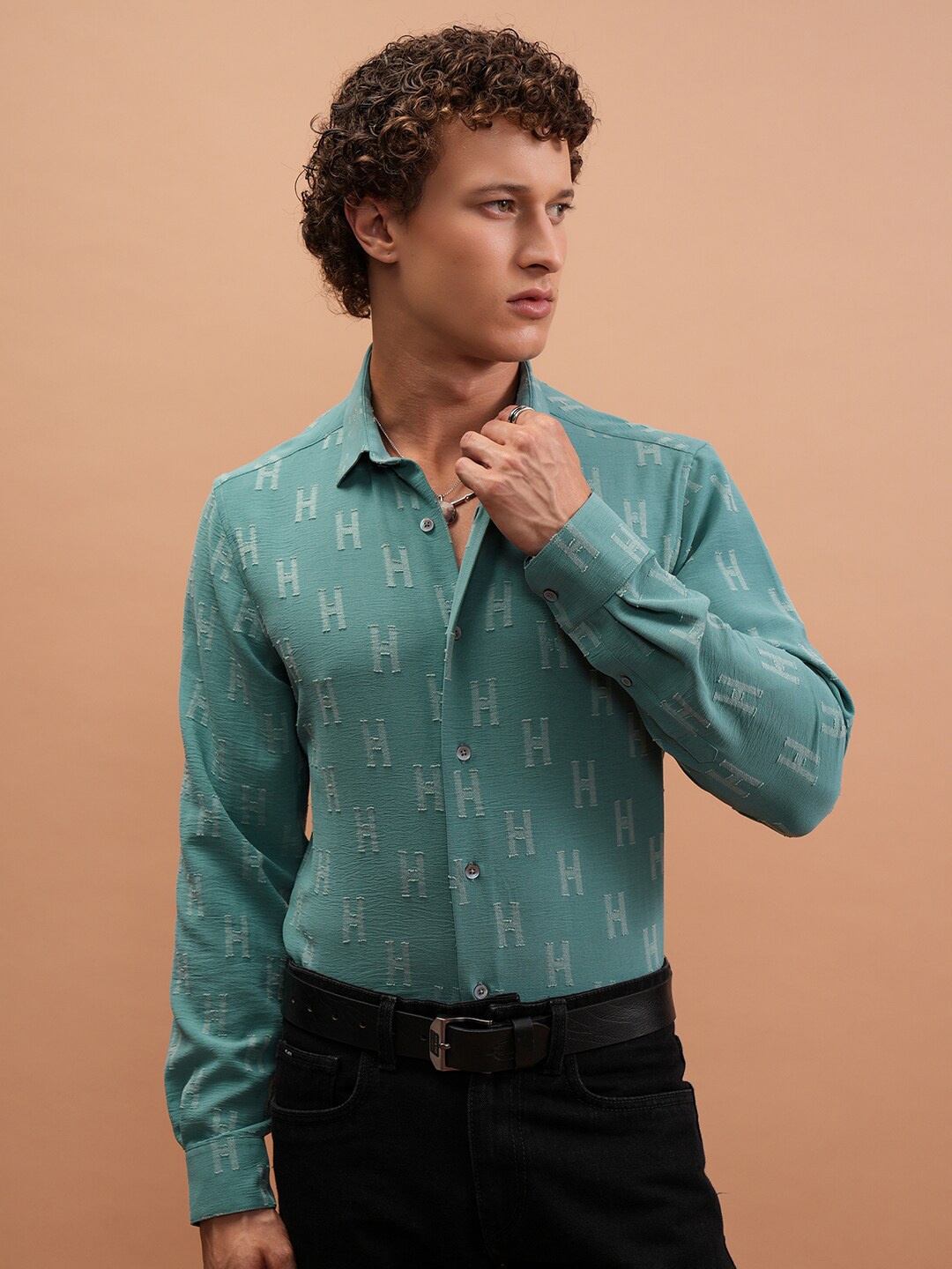 

Highlander Men Sea Jrd Textured Party Shirt, Sea green
