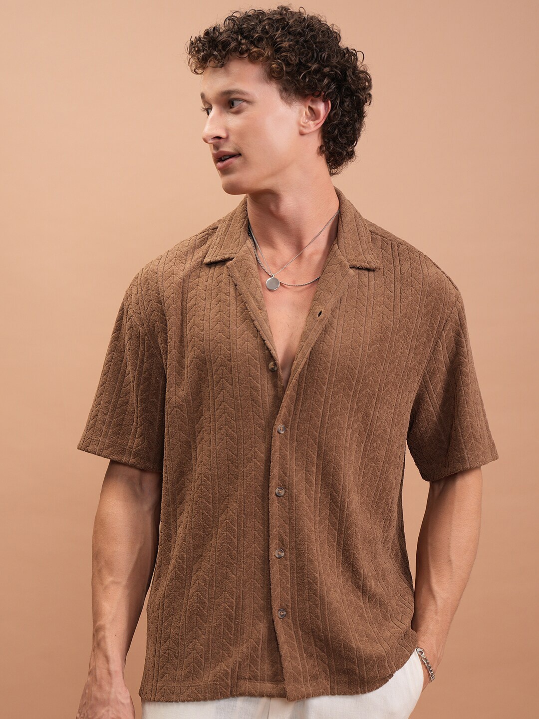 

Highlander Men Terry Towel Oversized Drop Shoulder Cuban Collar Shirt, Brown