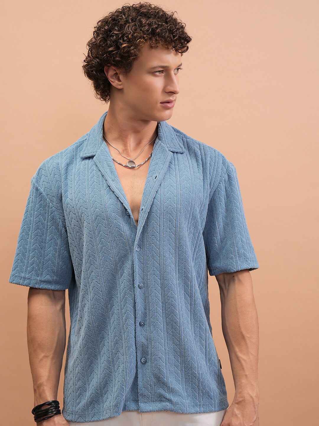 

Highlander Men Terry Towel Oversized Drop Shoulder Cuban Collar Shirt, Blue