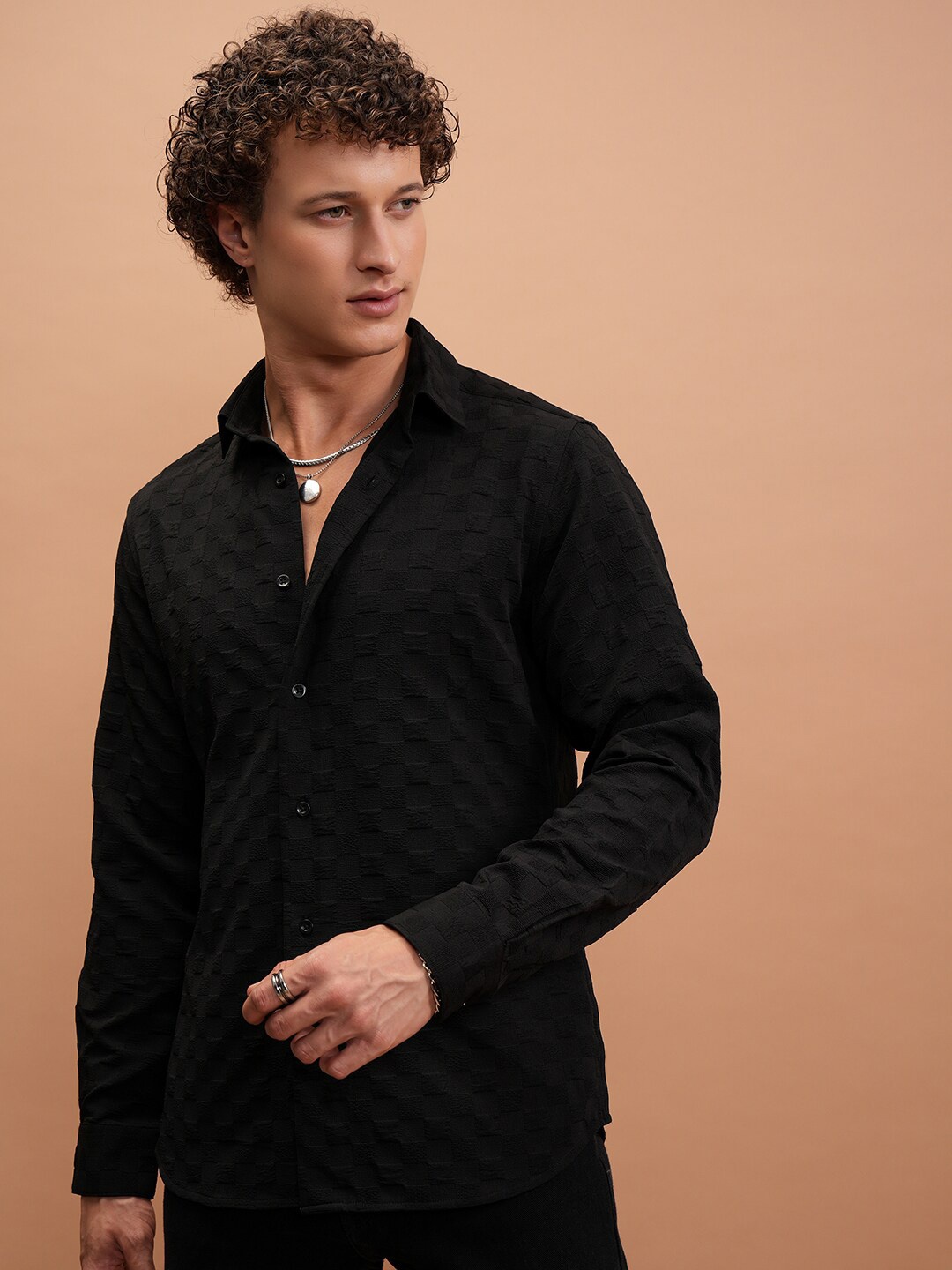 

Highlander Men Popcorn Textured Evening Party Shirt, Black