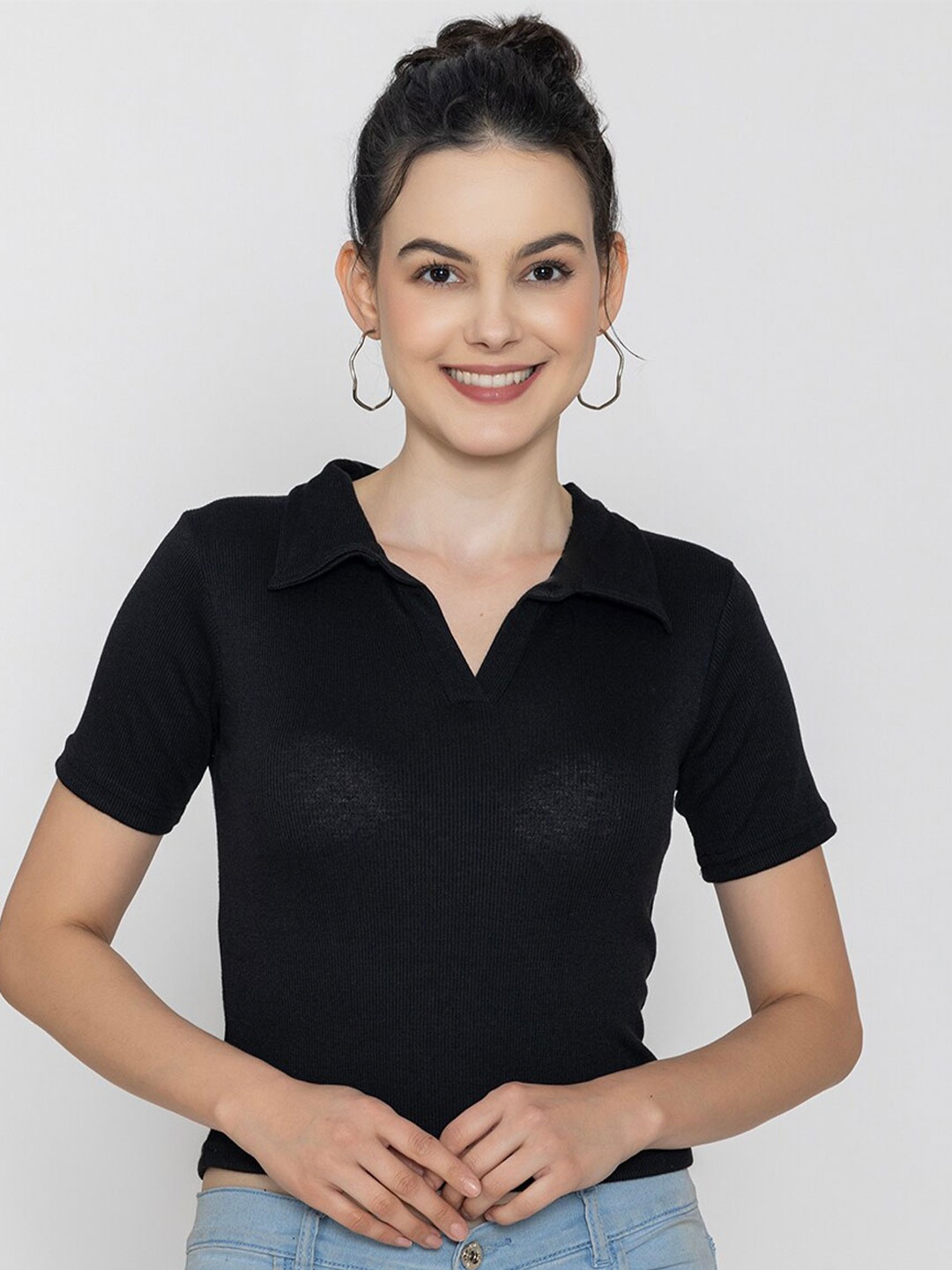 

Boleem Shirt Collar Cotton Crop Top, Black