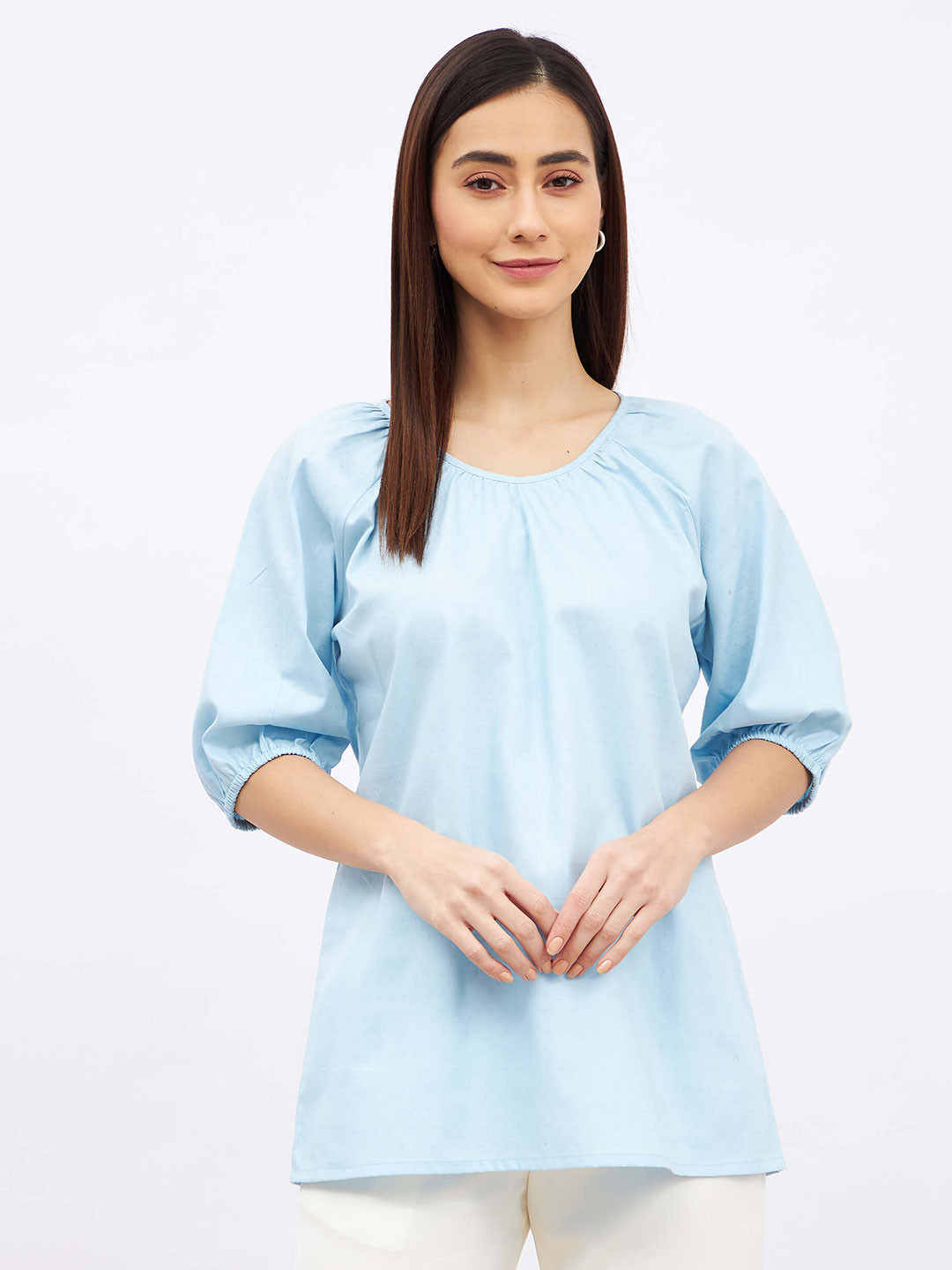 

SALT ATTIRE Puff Sleeve Cotton Round Neck Top, Blue
