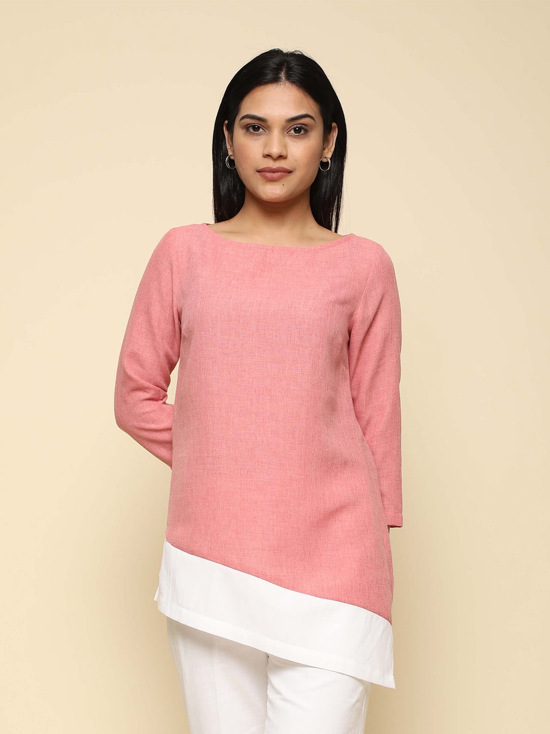 

SALT ATTIRE Linen Boat Neck Three-Quarter Sleeves Top, Pink