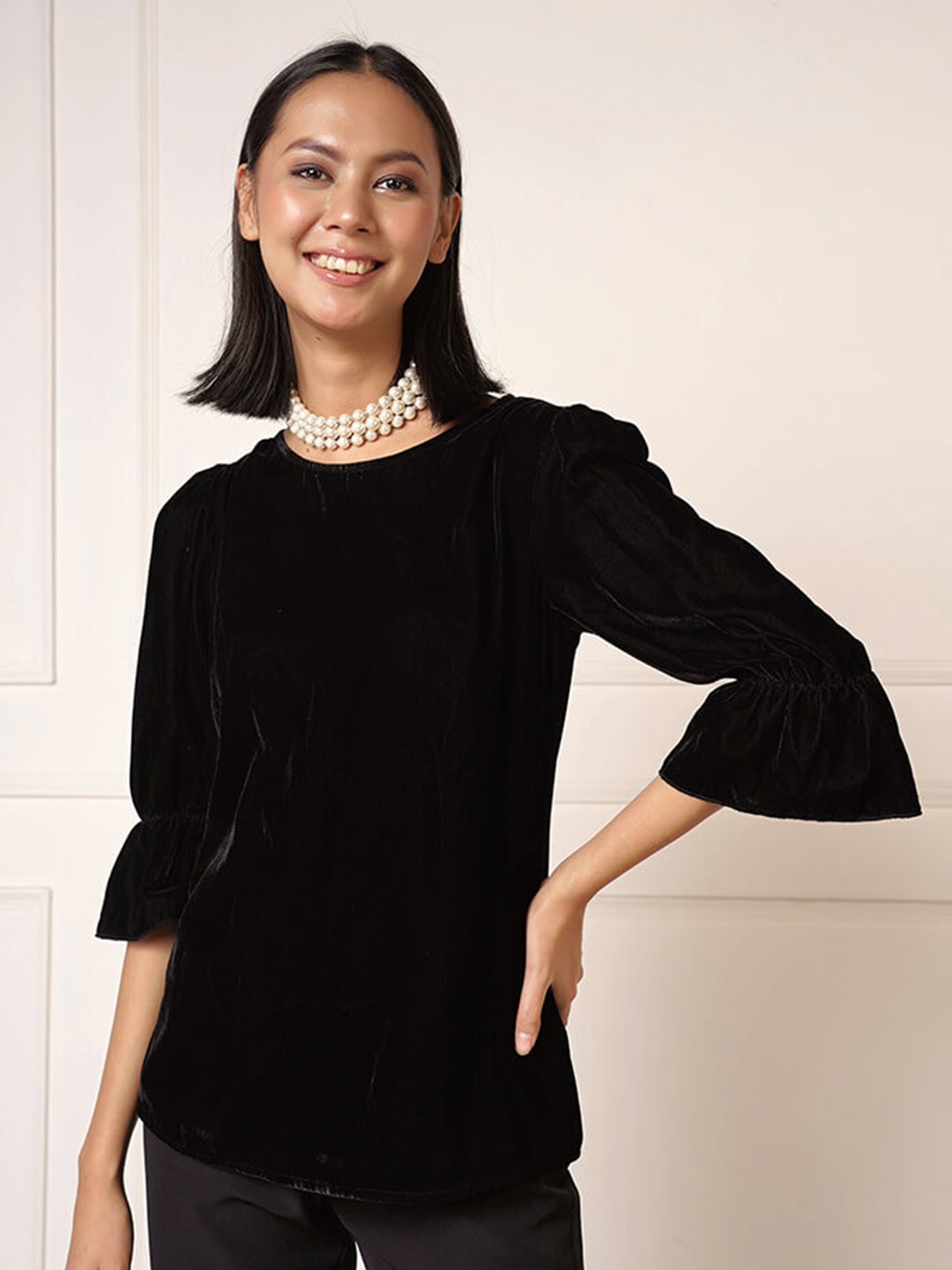 

SALT ATTIRE Bell Sleeve Velvet Styled Back Top, Black