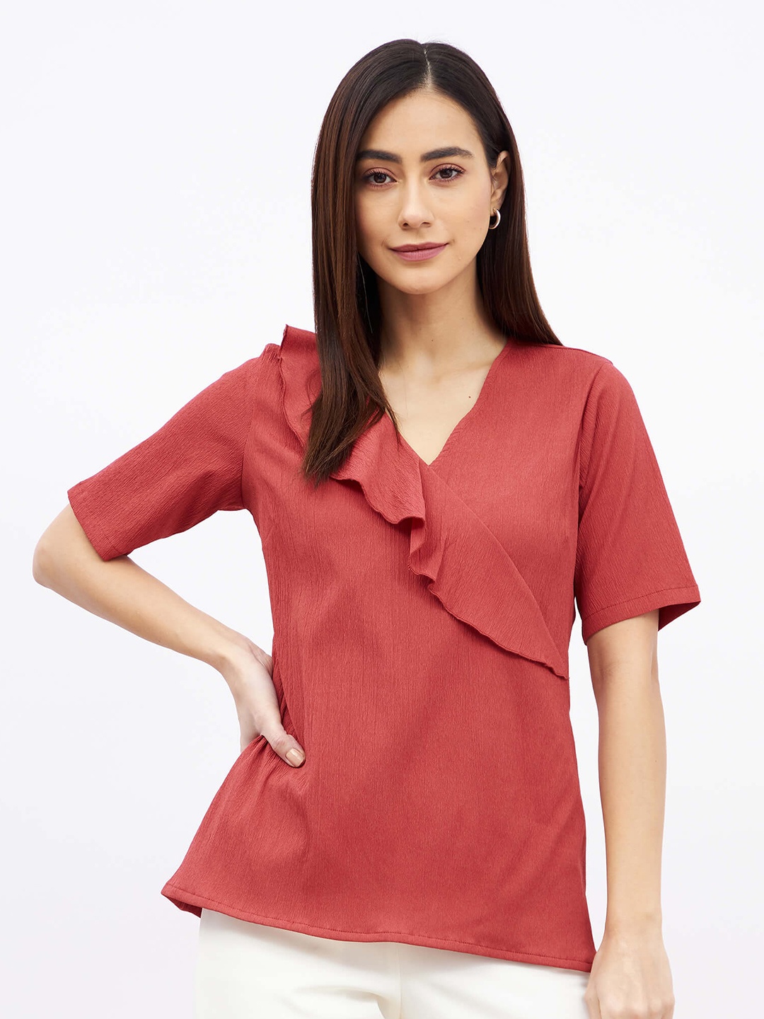

SALT ATTIRE V-Neck Ruffles Wrap Top, Peach