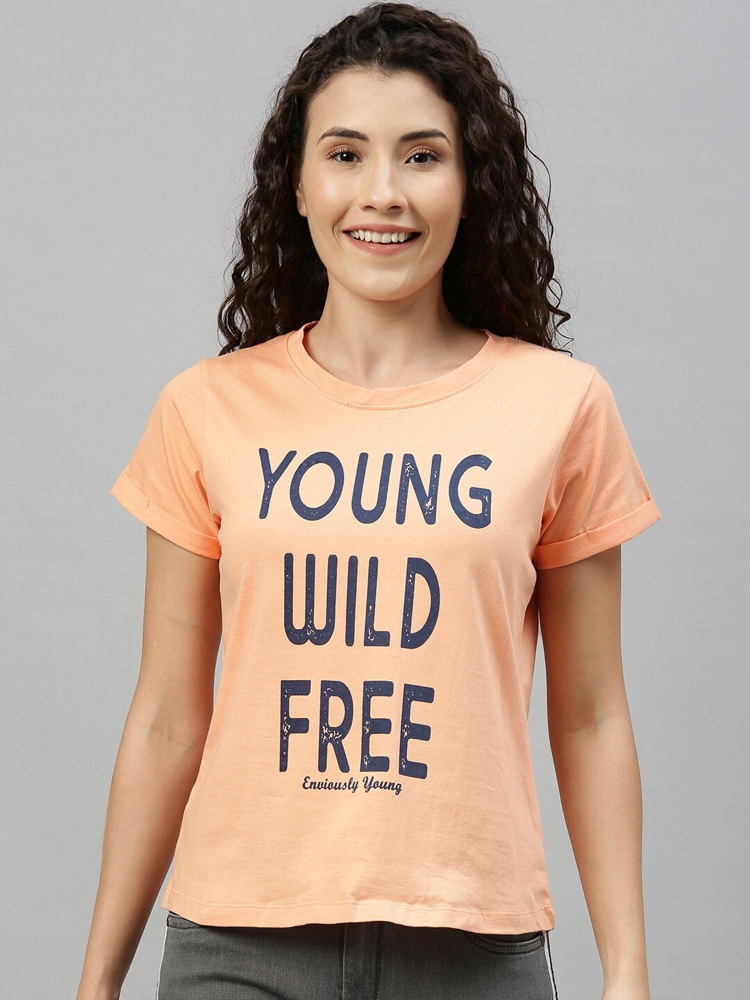 

Enviously Young Women Typography Printed Pure Cotton Slim Fit T-shirt, Peach