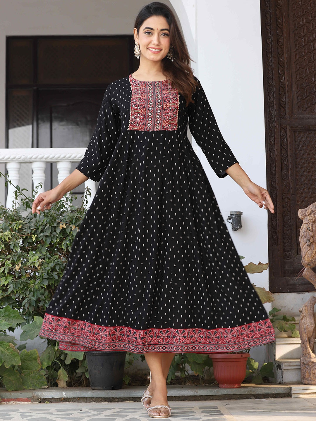 

DARVIKAA COLLECTION Ethnic Motifs Printed Mirror Work A-Line Ethnic Dresses, Black