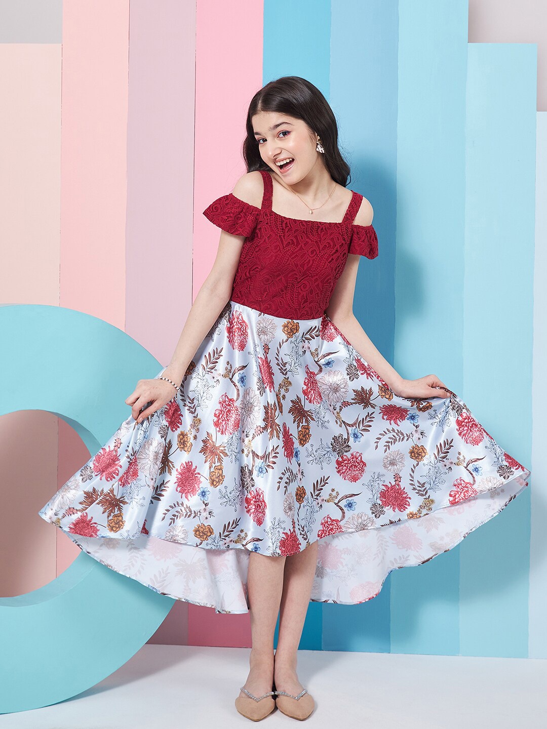 

pspeaches Girls Floral Printed Cold-Shoulder Satin Fit & Flare Midi Dress, Maroon