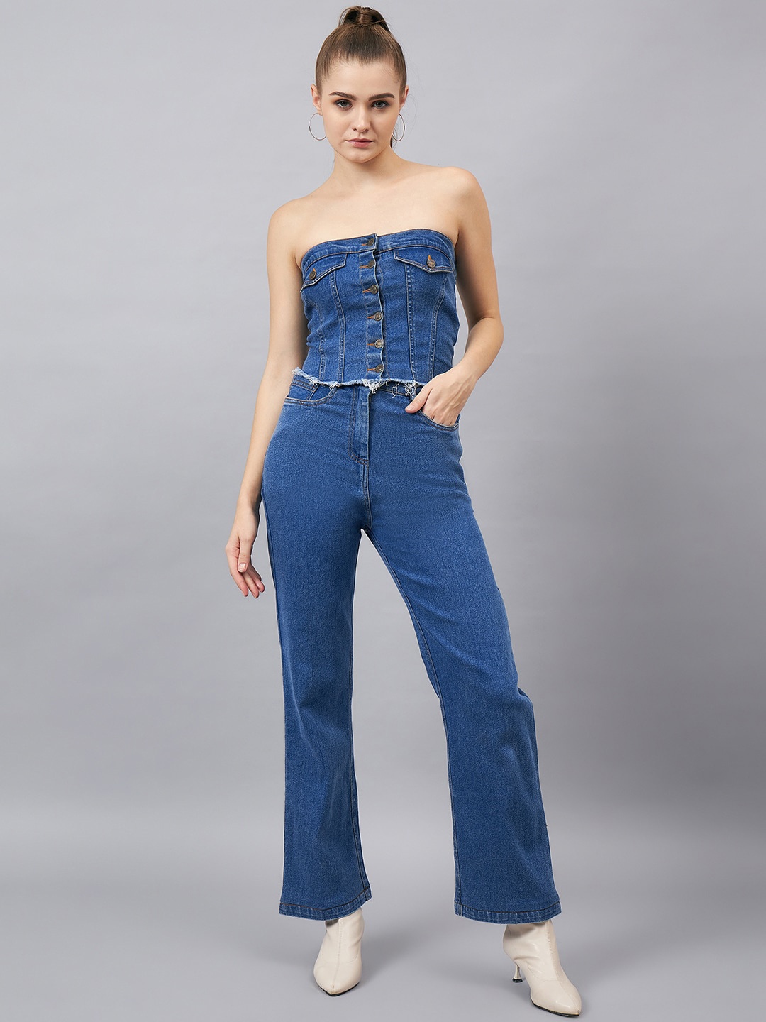 

Orchid Blues Pure Cotton Denim Tube Top With Jeans, Blue