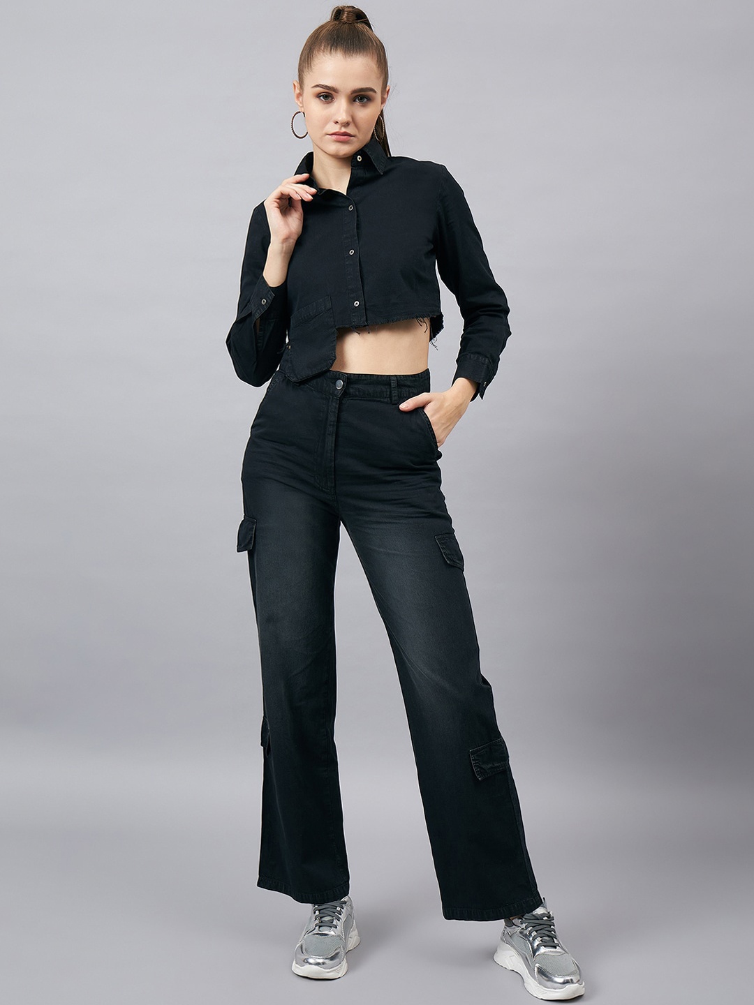 

Orchid Blues Pure Cotton Denim Crop Shirt & Cargo Jeans, Black