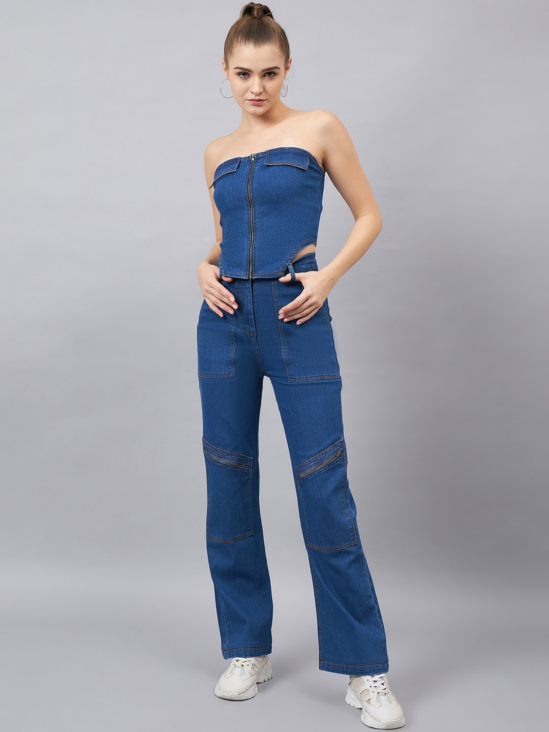 

Orchid Blues Pure Cotton Strapless Tube Top With Flared Jeans, Blue