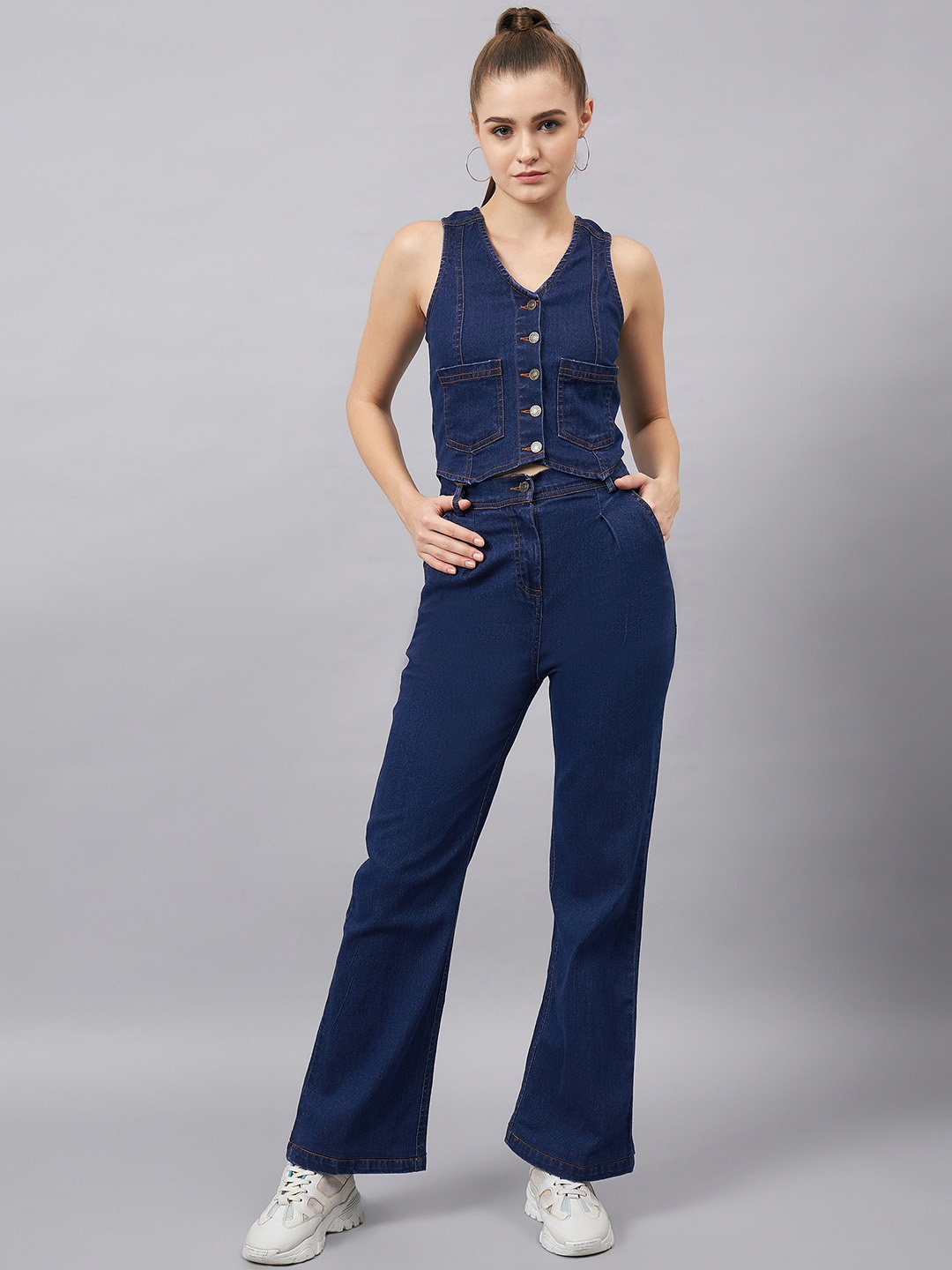 

Orchid Hues Pure Cotton Top & Flared Jeans, Blue