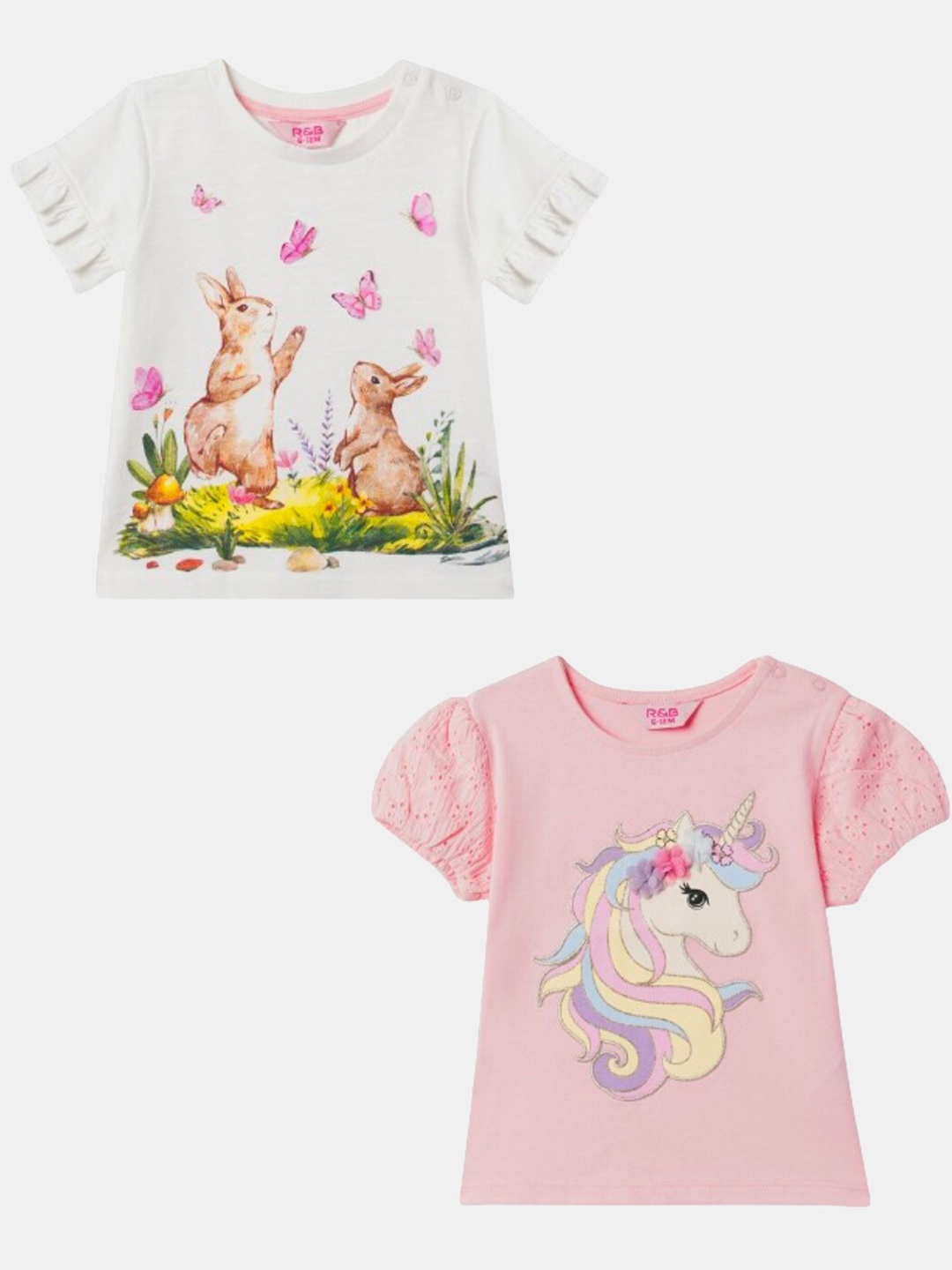 

R&B Girls Print Short Sleeves Round Neck Cotton Top, White