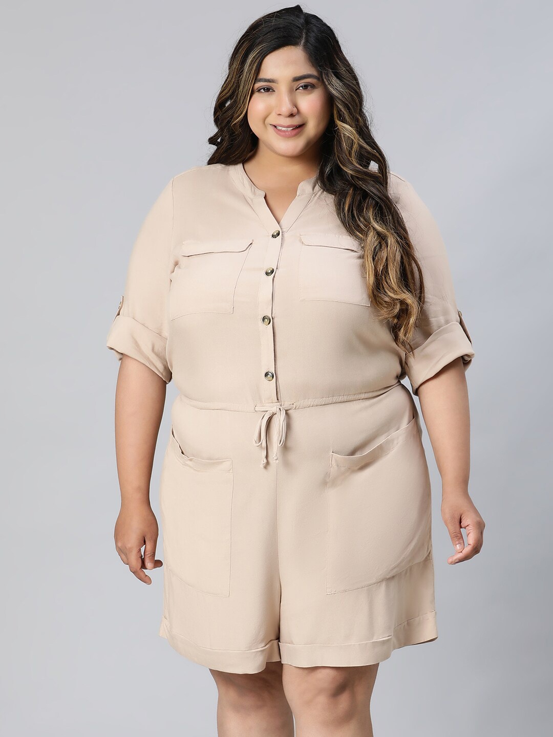 

Oxolloxo Plus Size Mandarin Collar Roll-Up Sleeves Waist Tie-Ups Detailed Playsuit, Beige