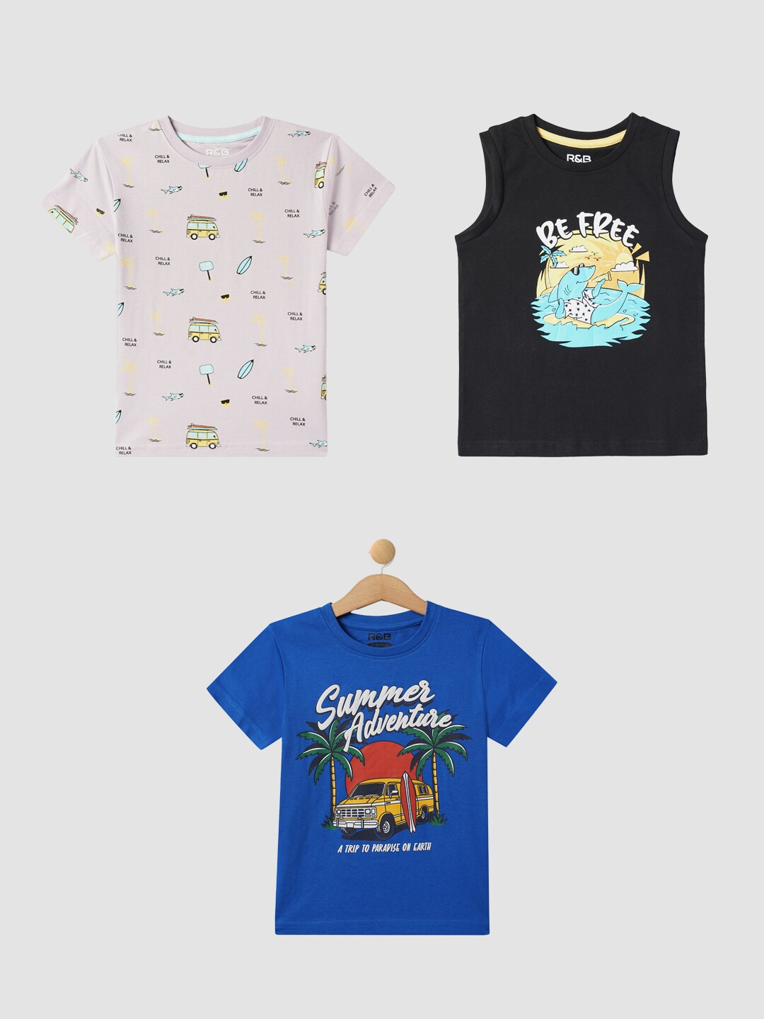 

R&B Boys Pack Of 3 Printed Cotton T-shirt, Blue