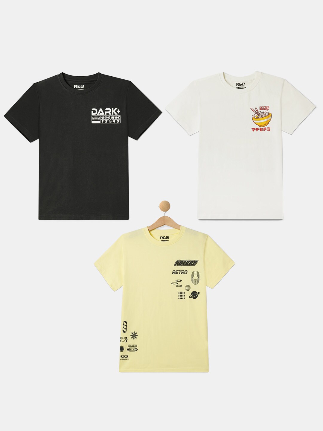 

R&B Boys Pack Of 3 Typography Printed Cotton T-shirt, Black