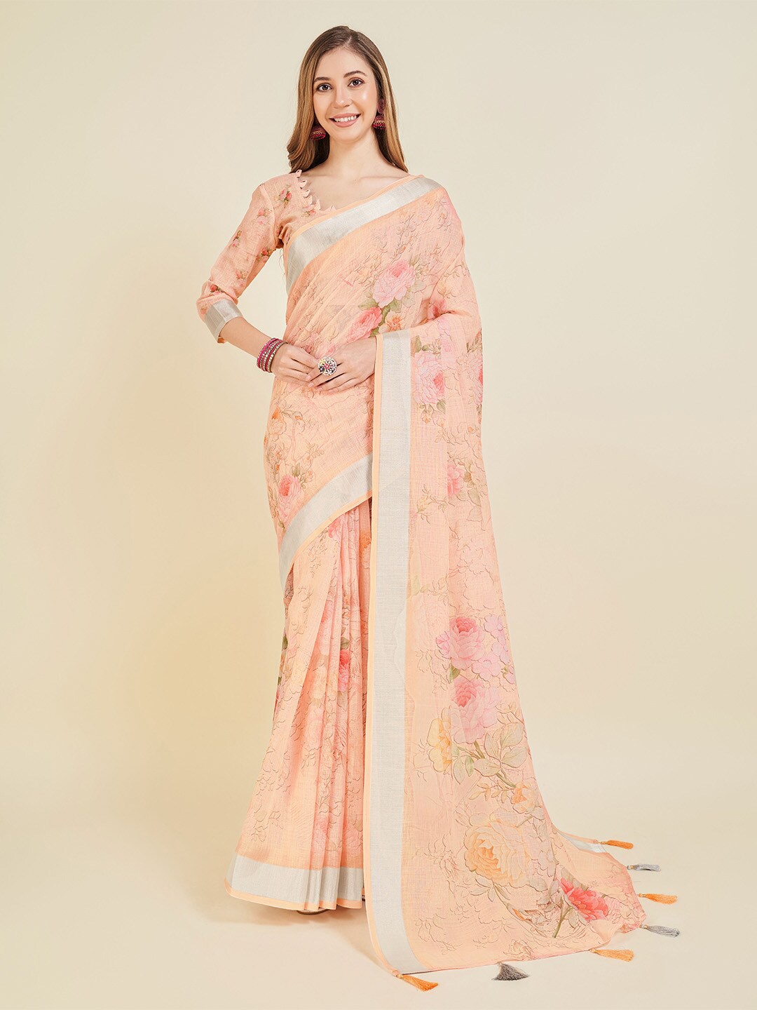 

Ishin Peach Floral Printed Zari Saree