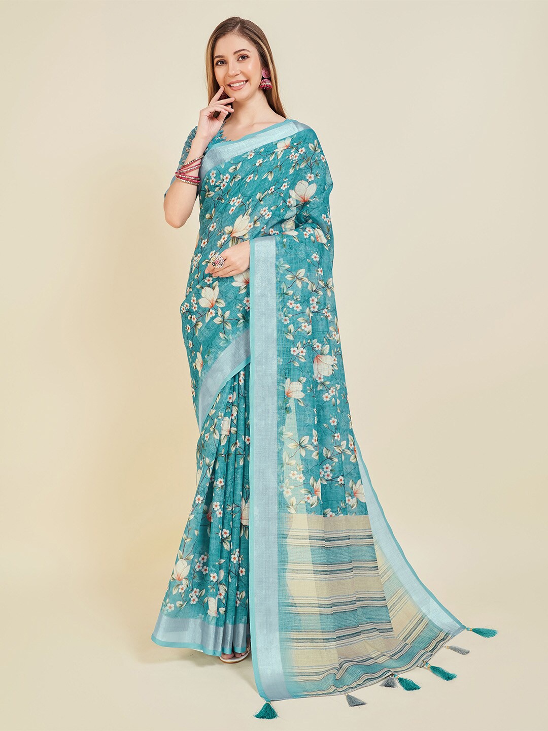 

Ishin Floral Printed Zari Saree, Teal