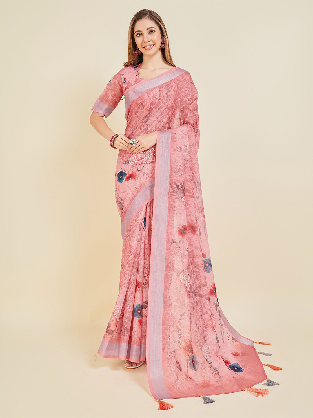 

Ishin Pink Floral Printed Zari Saree