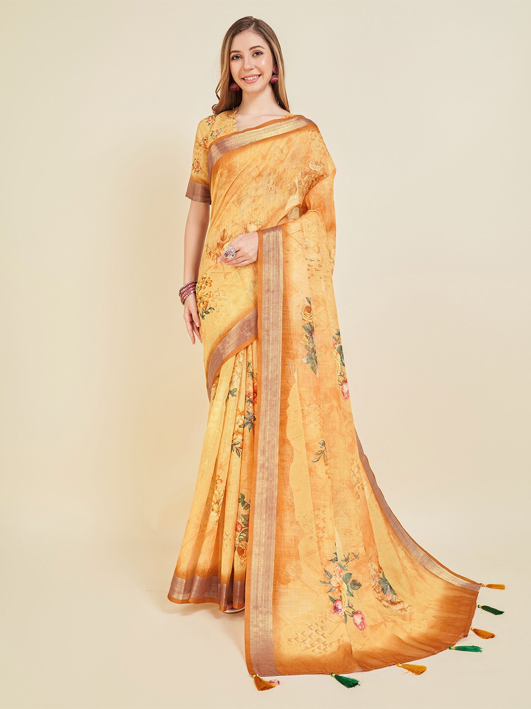 

Ishin Floral Printed Zari Saree, Yellow