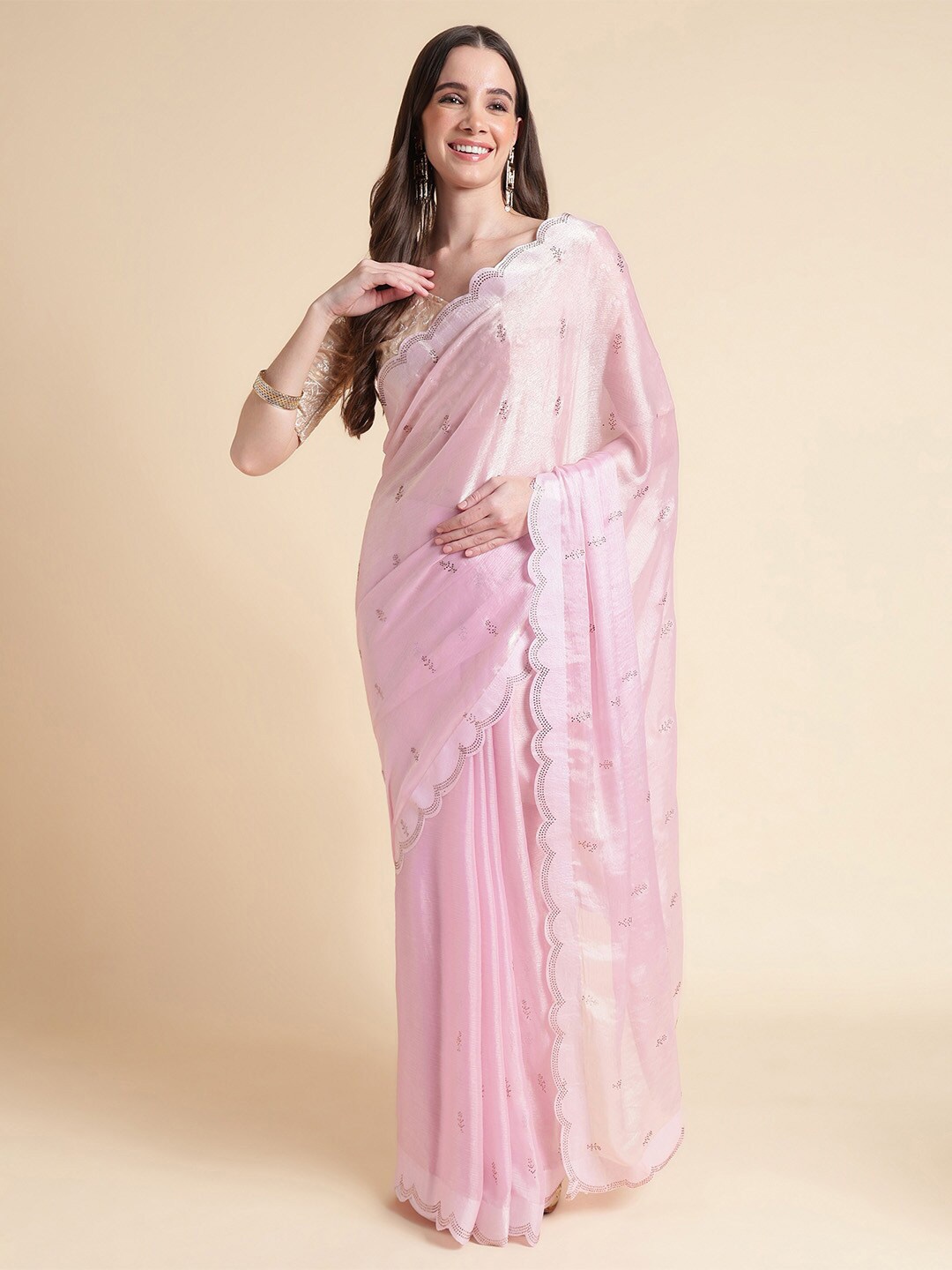 

Ishin Pink Floral Embellished Stones Saree