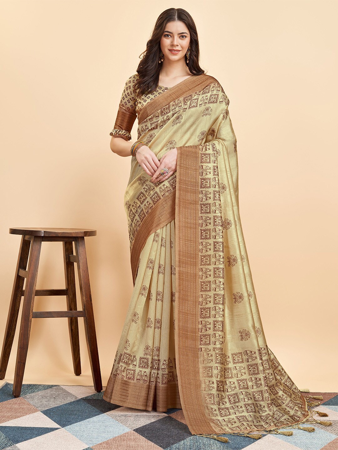 

Ishin Yellow Ethnic Motifs Printed Zari Saree