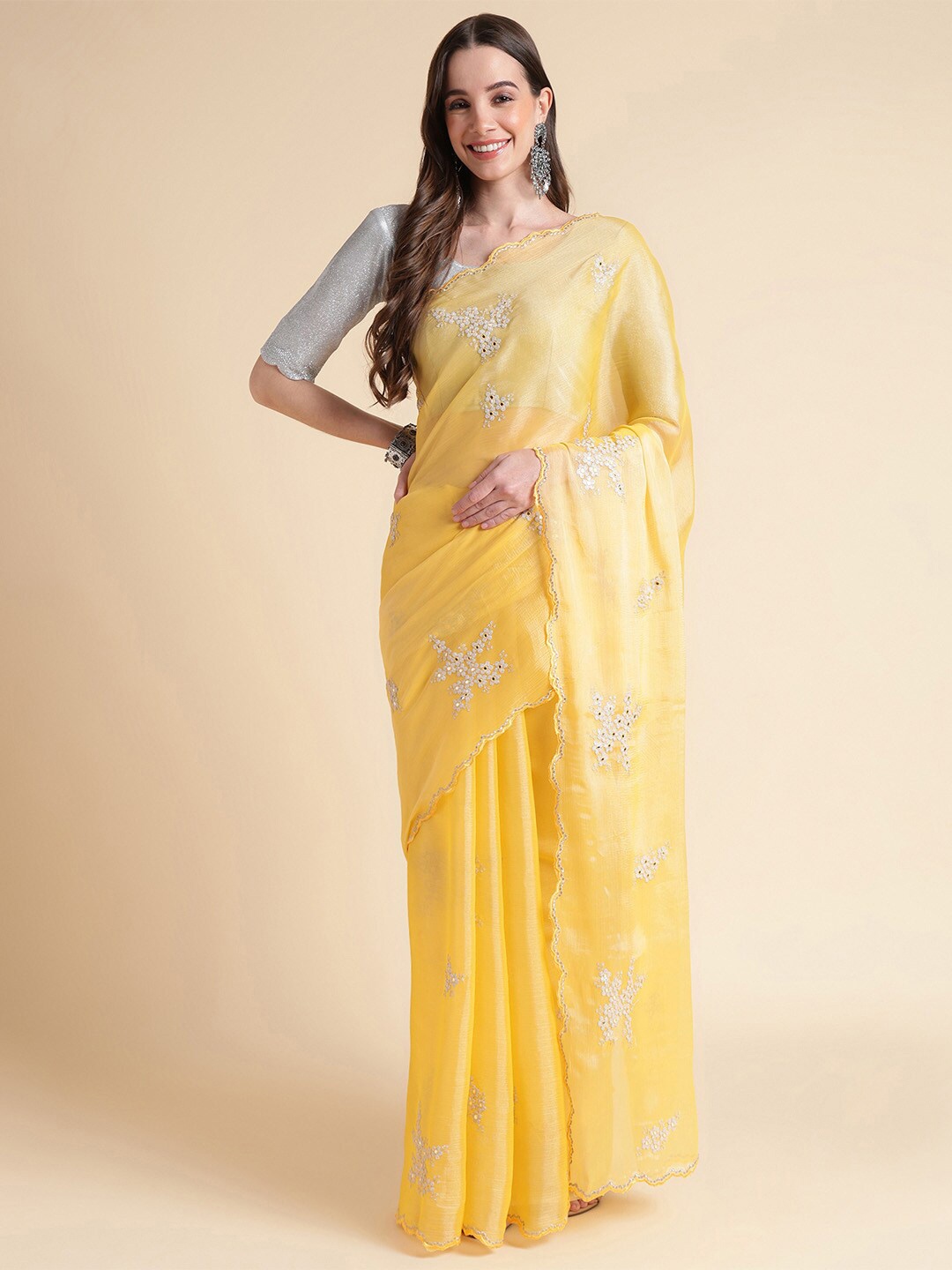 

Ishin Floral Embroidered Mirror Work Saree, Yellow