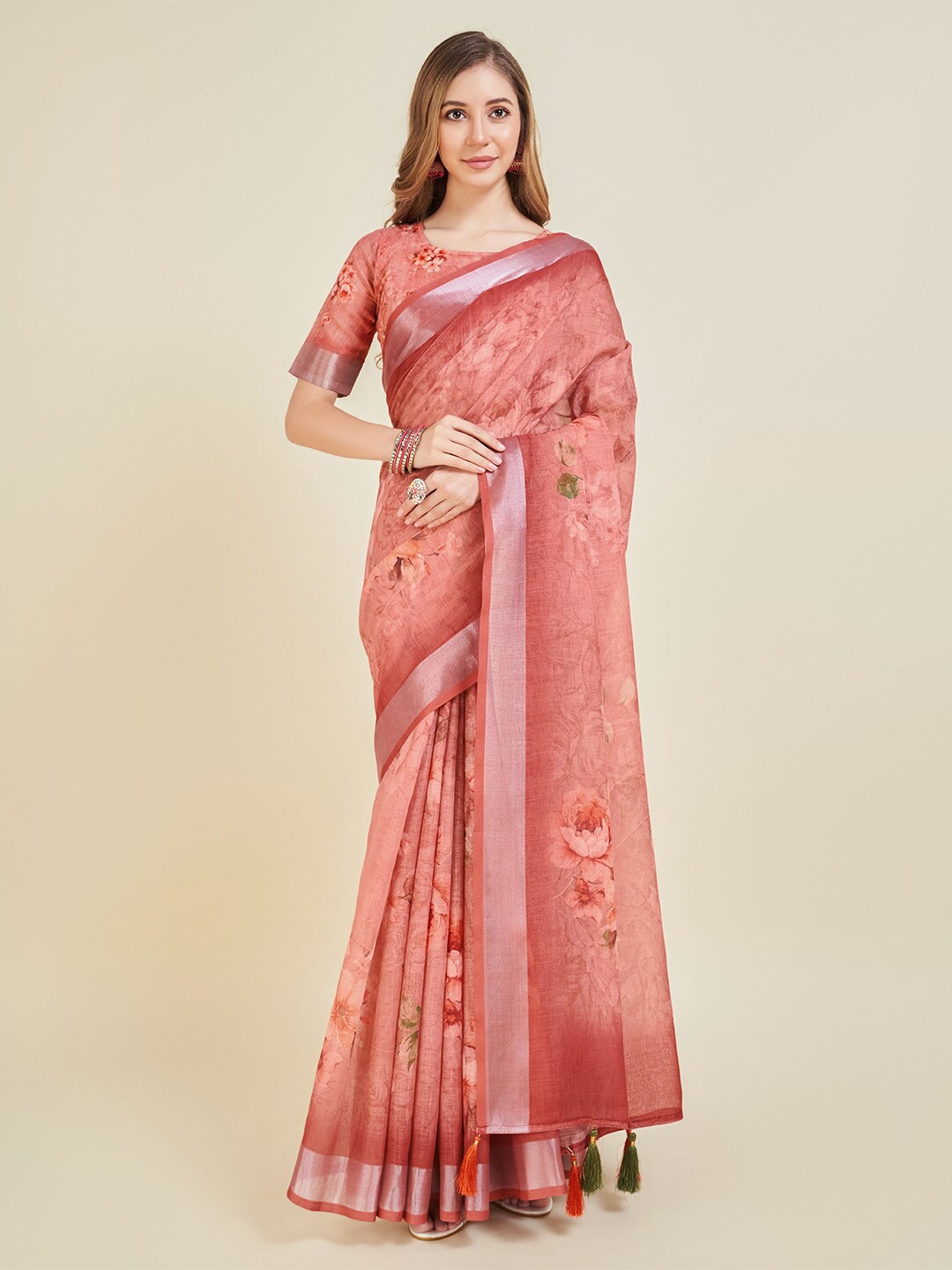 

Ishin Pink Floral Printed Zari Saree