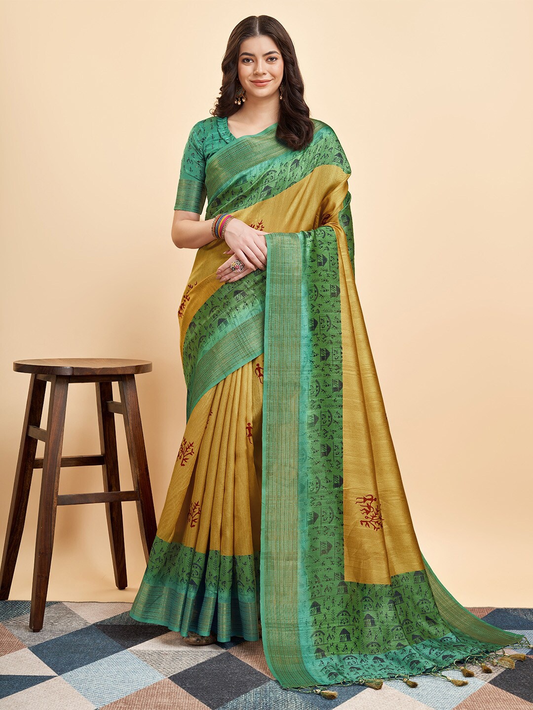 

Ishin Ethnic Motifs Printed Zari Saree, Yellow