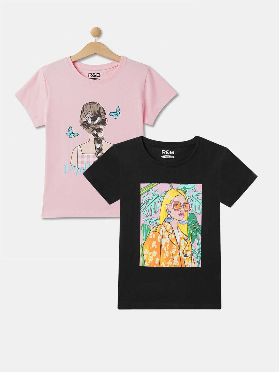

R&B Girls Pack Of 2 Graphic Printed Cotton Relaxed Fit T-shirt, Pink