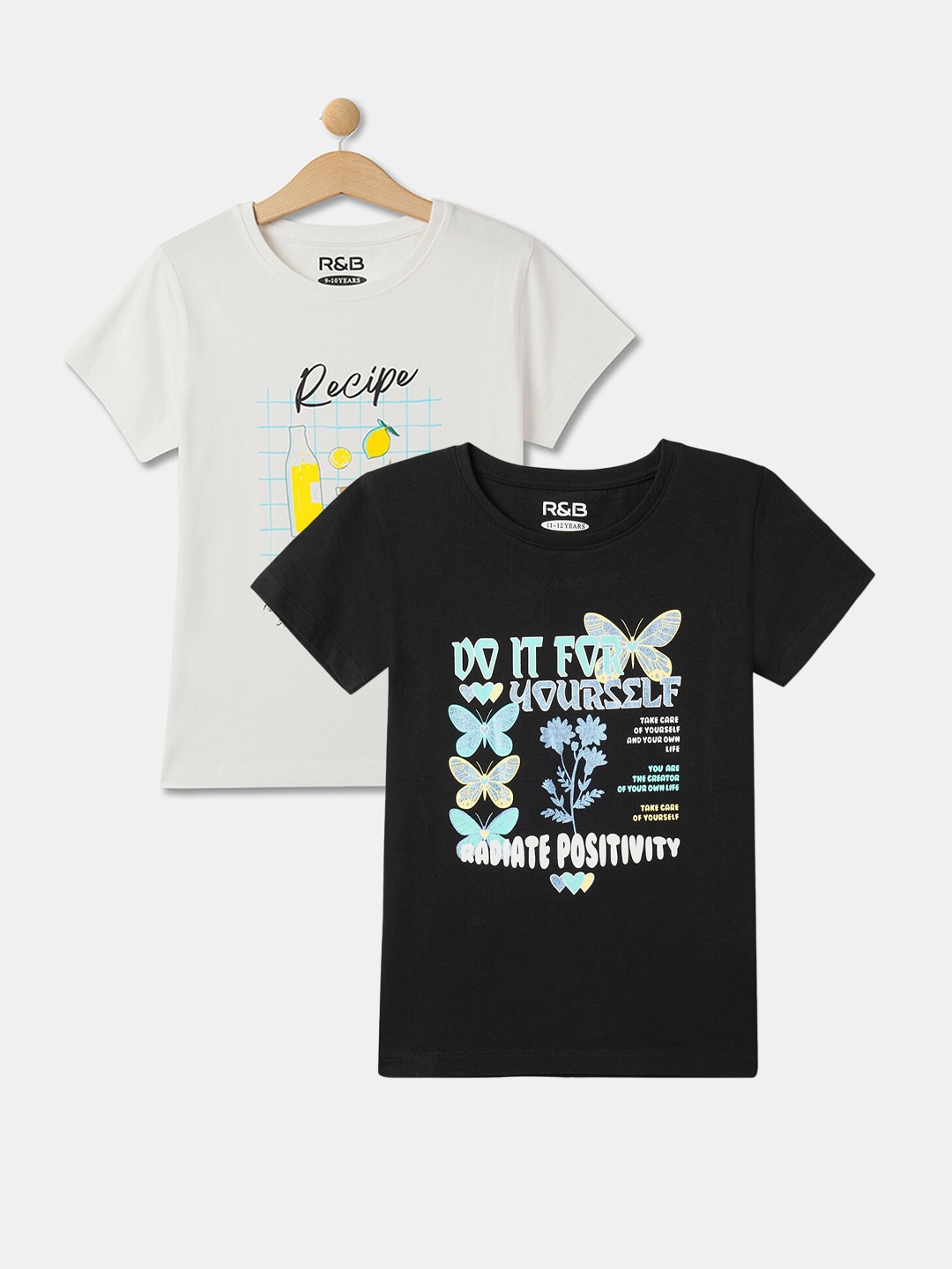 

R&B Girls Pack Of 2 Typography Printed Cotton Relaxed Fit T-shirt, White