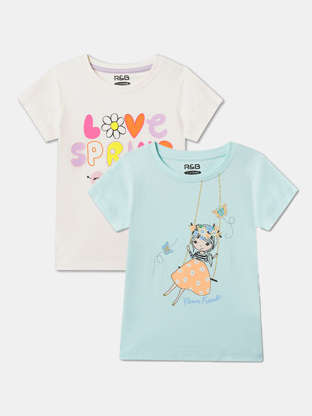 

R&B Girls Pack Of 2 Graphic Printed Cotton Relaxed Fit T-shirt, White