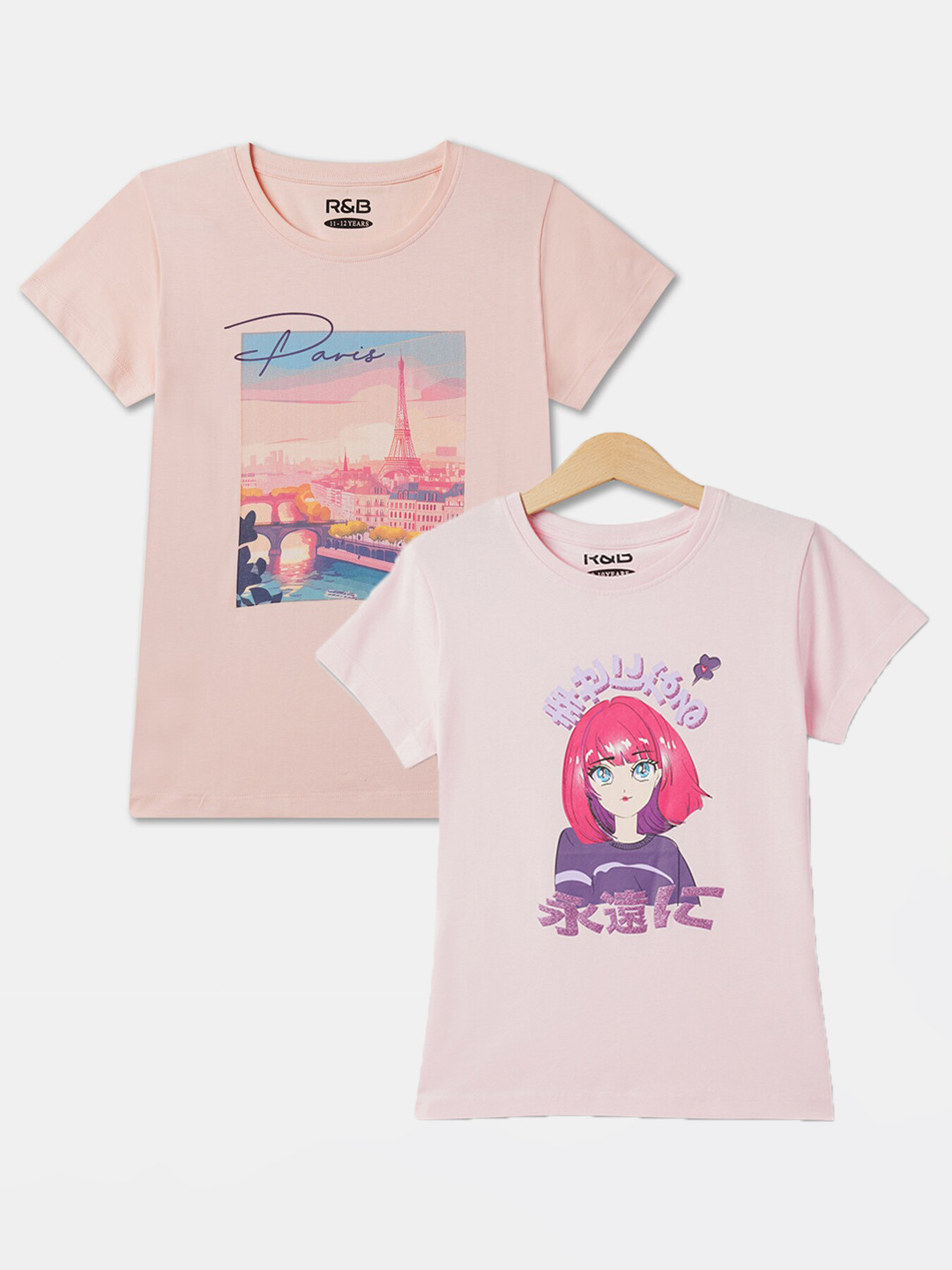 

R&B Girls Pack Of 2 Graphic Printed Relaxed Fit Cotton T-shirt, Pink