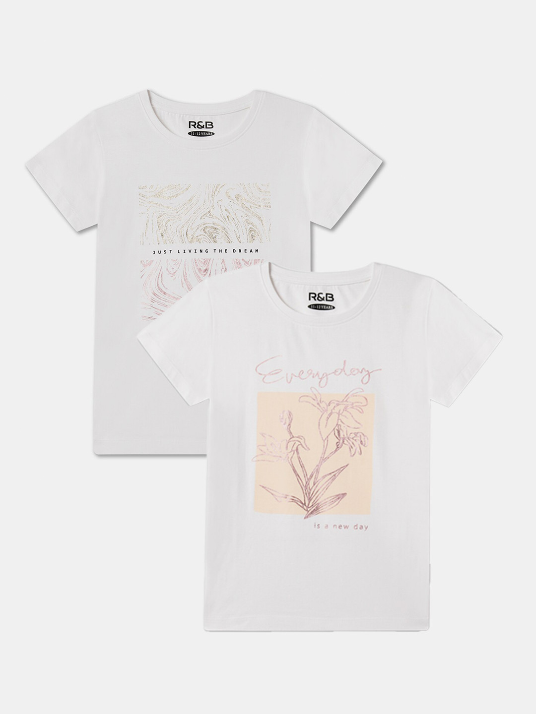 

R&B Girls Pack Of 2 Graphic Printed Relaxed Fit Cotton T-shirt, White