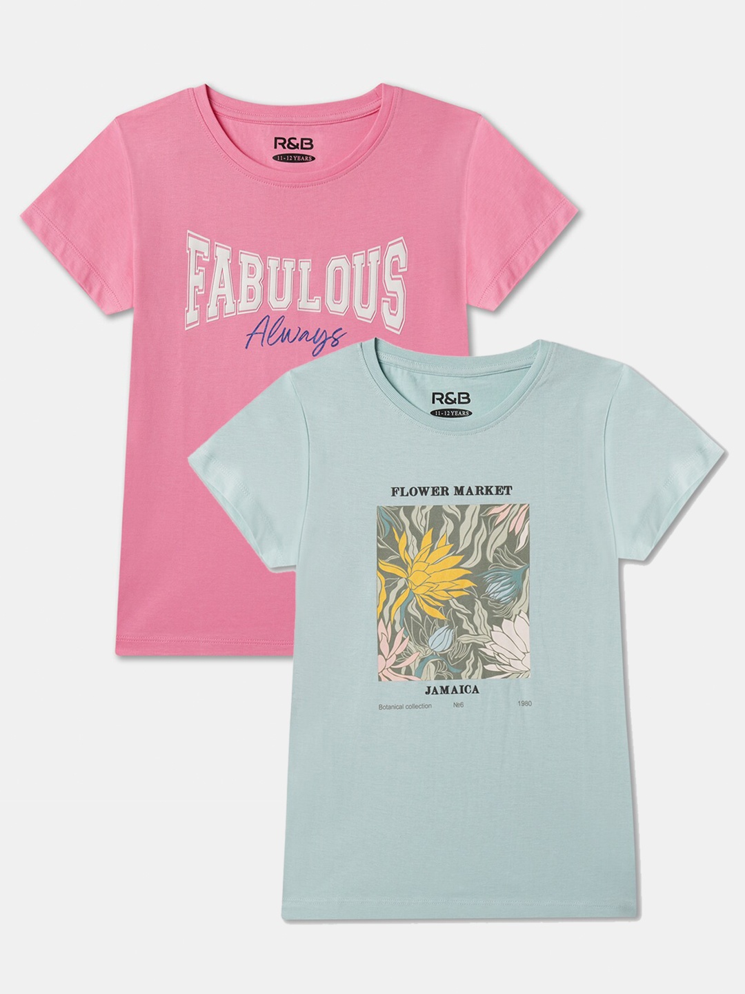 

R&B Girls Pack Of 2 Graphic Printed Relaxed Fit Cotton T-shirt, Pink