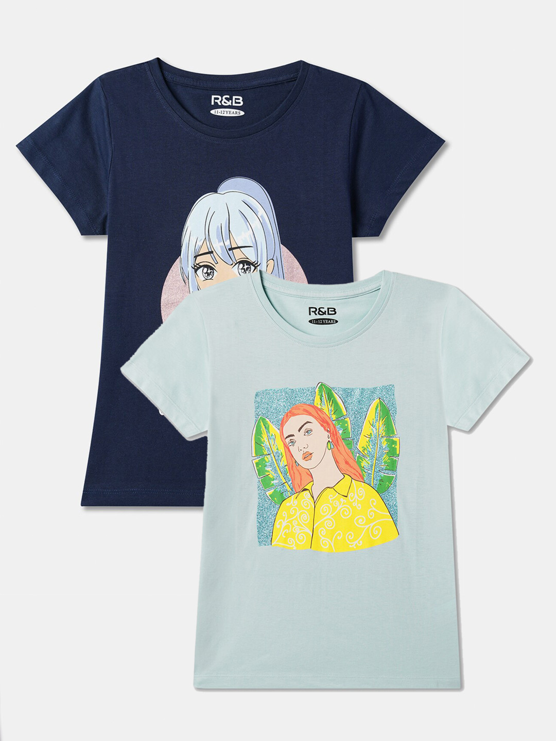 

R&B Girls Pack Of 2 Graphic Printed Cotton Relaxed Fit T-shirt, Blue