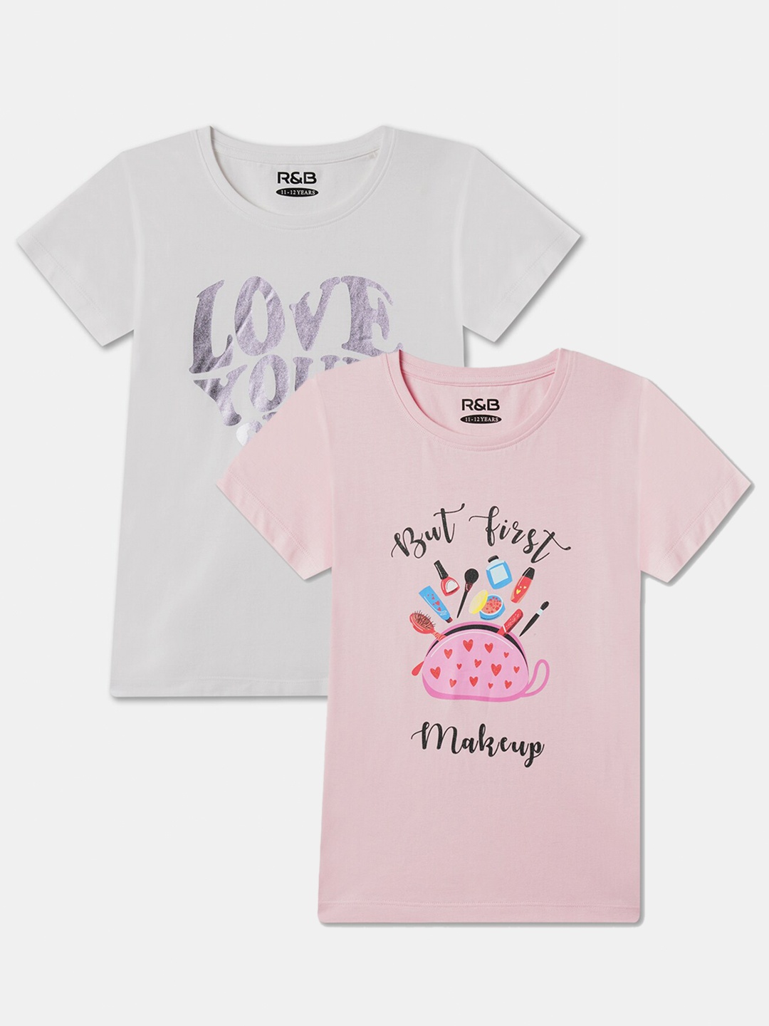 

R&B Girls Pack Of 2 Typography Printed Relaxed Fit Cotton T-shirt, White