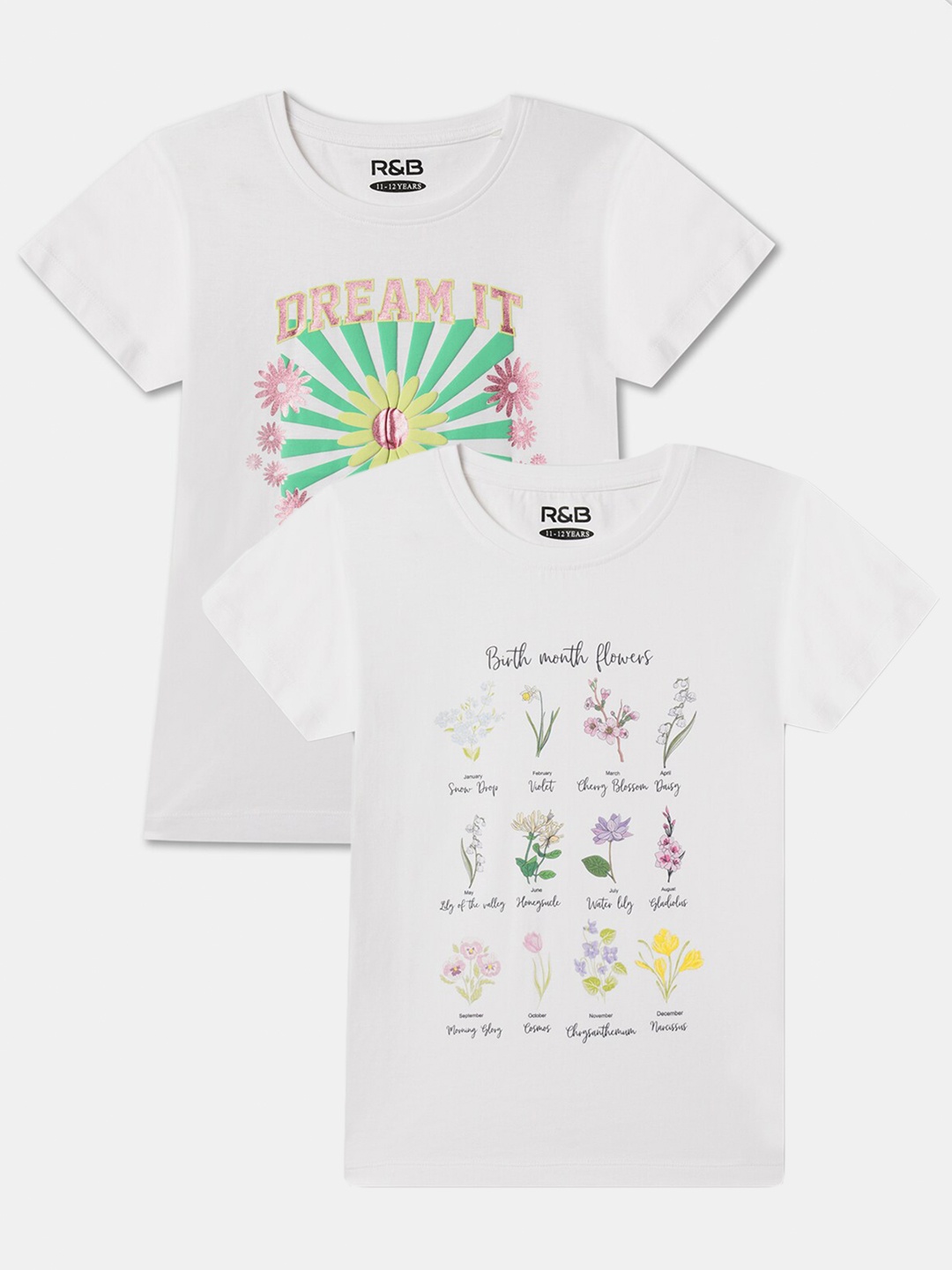 

R&B Girls Pack Of 2 Floral Printed Relaxed Fit Cotton T-shirt, White