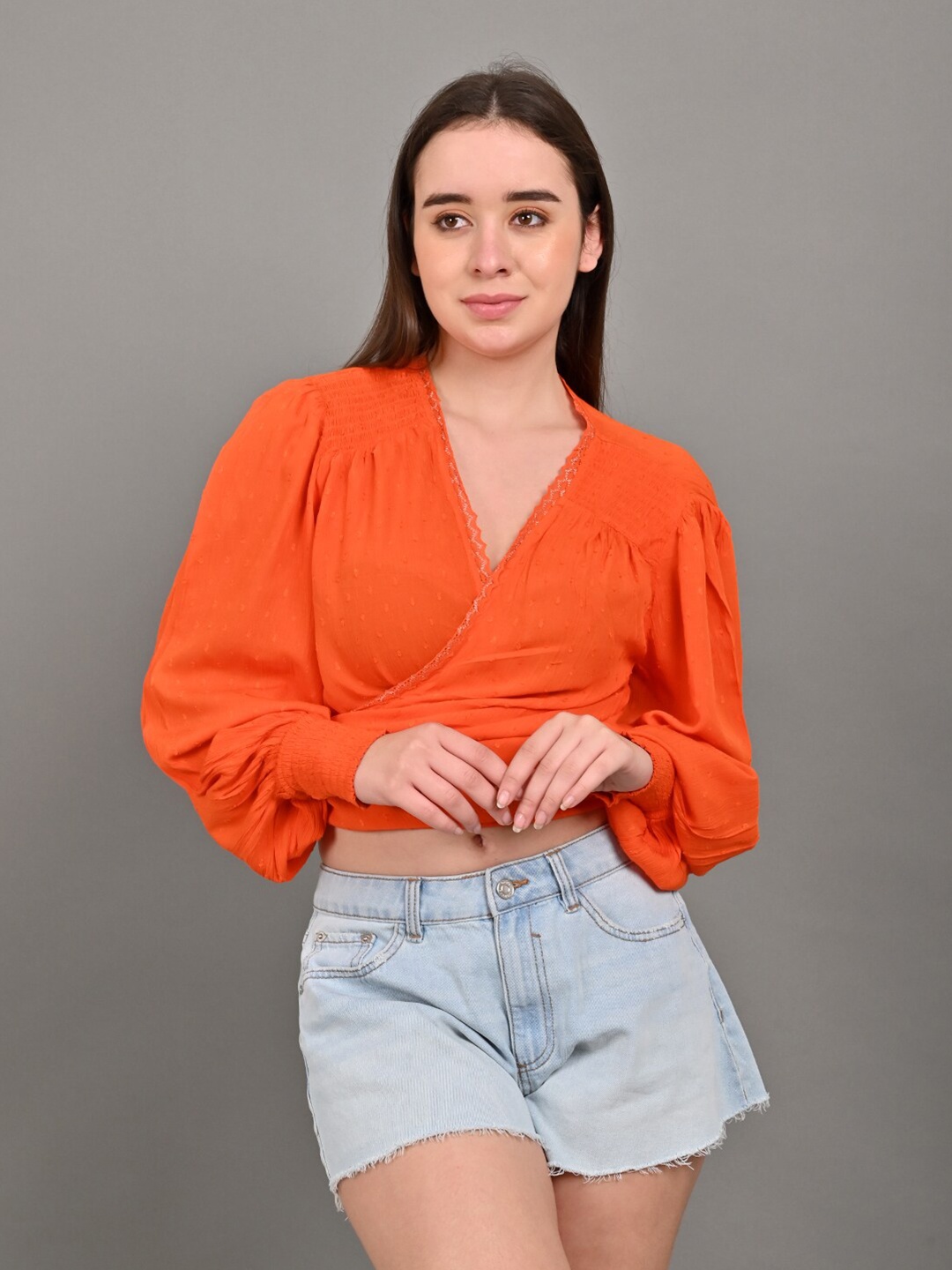 

NoBarr V-Neck Puff Sleeve Wrap Crop Top, Orange